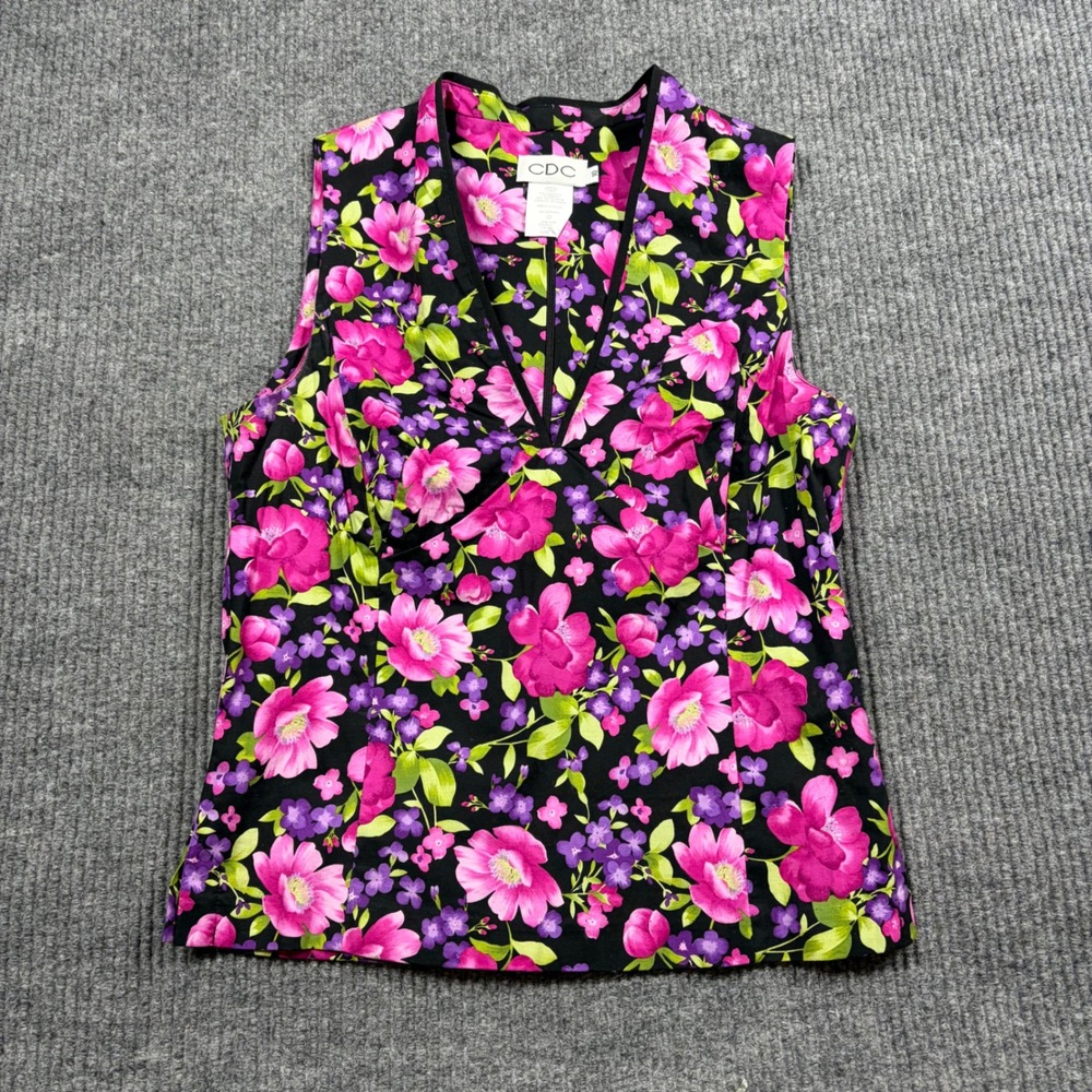 CDC Blouse Women 10 Floral Sleeveless V-Neck Top Black Pink Purple Cotton Blend